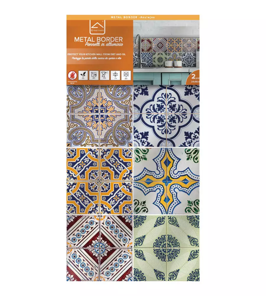 PARASCHIZZI DA CUCINA IN ALLUMINIO FANTASIA "AZULEJOS", 24X48 CM