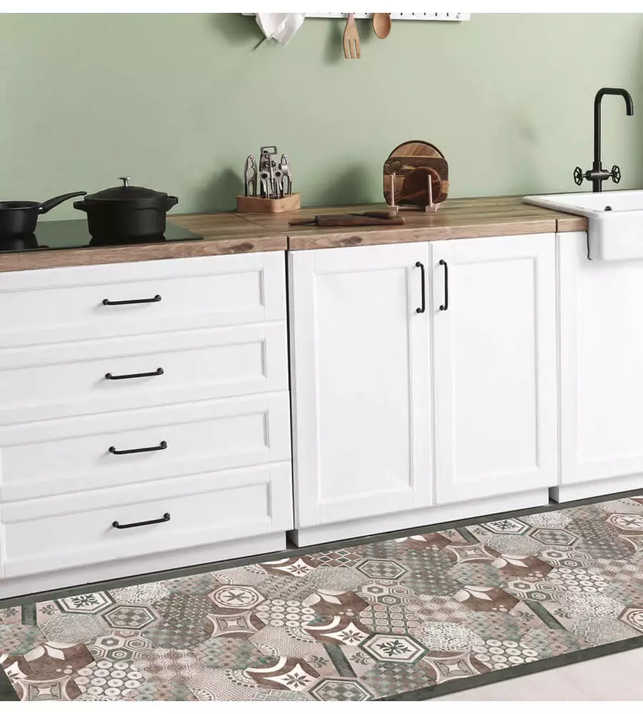 PASSATOIA IN VINILE "RUNNER" FANTASIA "HEXAGONAL GREEN TILES", 180X50 CM