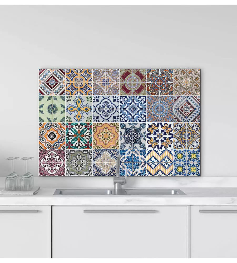 PARASCHIZZI DA CUCINA IN ALLUMINIO FANTASIA "AZULEJOS", 72X48 CM