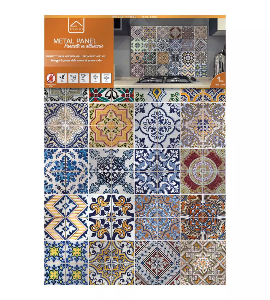 PARASCHIZZI DA CUCINA IN ALLUMINIO FANTASIA "AZULEJOS", 72X48 CM