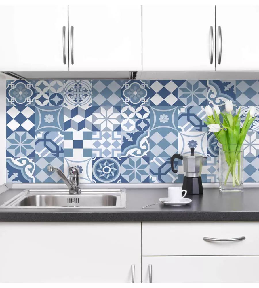 PARASCHIZZI ADESIVO DA CUCINA FANTASIA "CEMENTINE AZZURRE", 190X60 CM