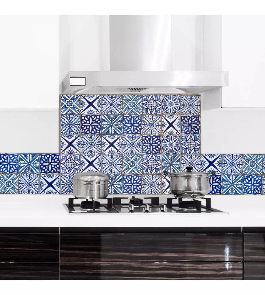 PARASCHIZZI DA CUCINA IN ALLUMINIO FANTASIA "BLUE AZULEJOS", 84X60 CM
