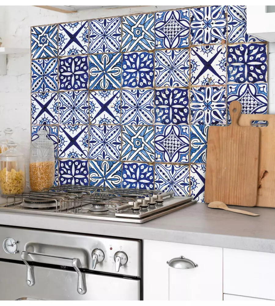 PARASCHIZZI DA CUCINA IN ALLUMINIO FANTASIA "BLUE AZULEJOS", 84X60 CM