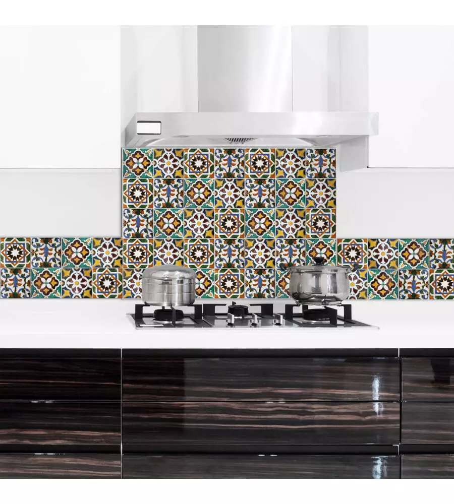PARASCHIZZI DA CUCINA IN ALLUMINIO FANTASIA "GREEN TILES", 84X60 CM