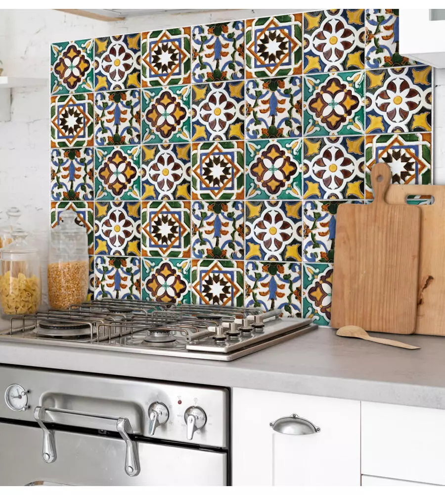 PARASCHIZZI DA CUCINA IN ALLUMINIO FANTASIA "GREEN TILES", 84X60 CM