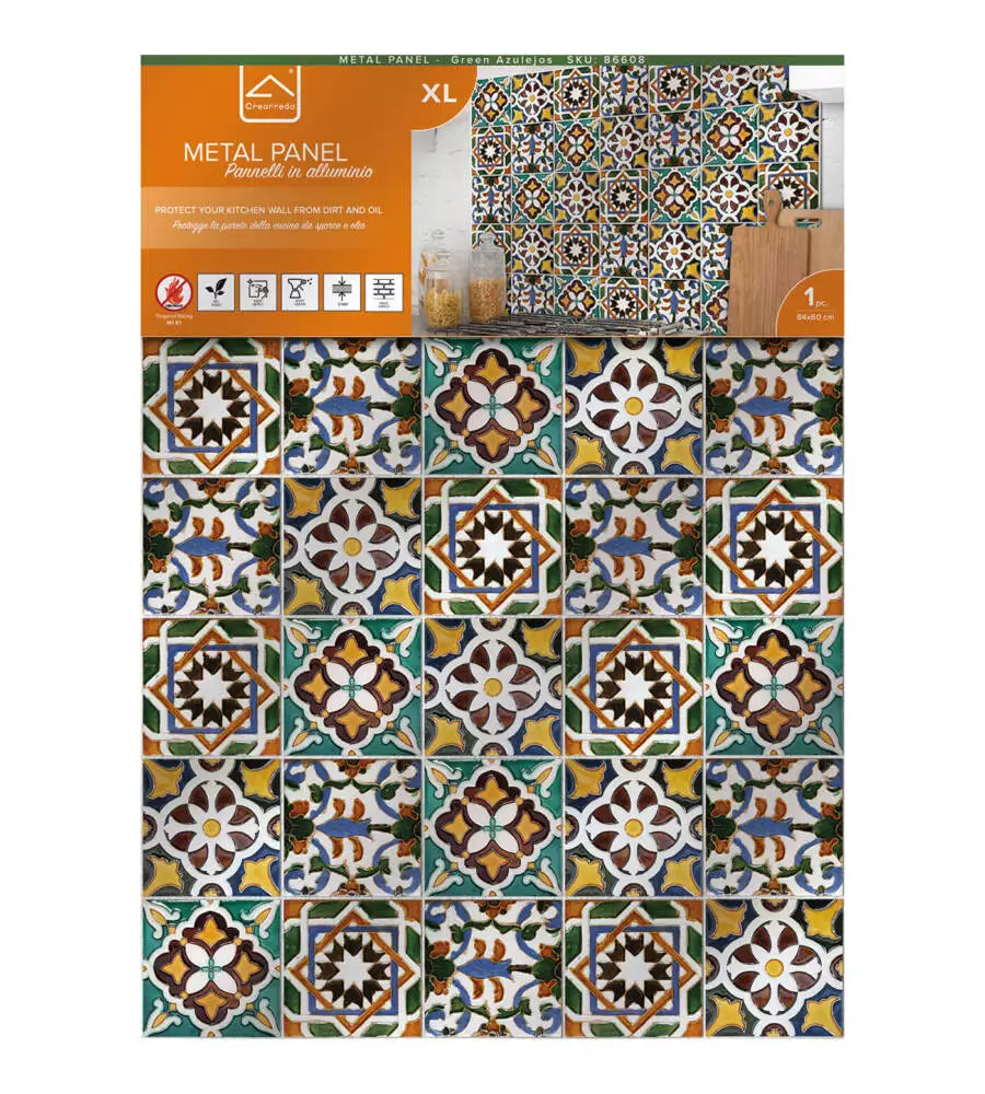 PARASCHIZZI DA CUCINA IN ALLUMINIO FANTASIA "GREEN TILES", 84X60 CM