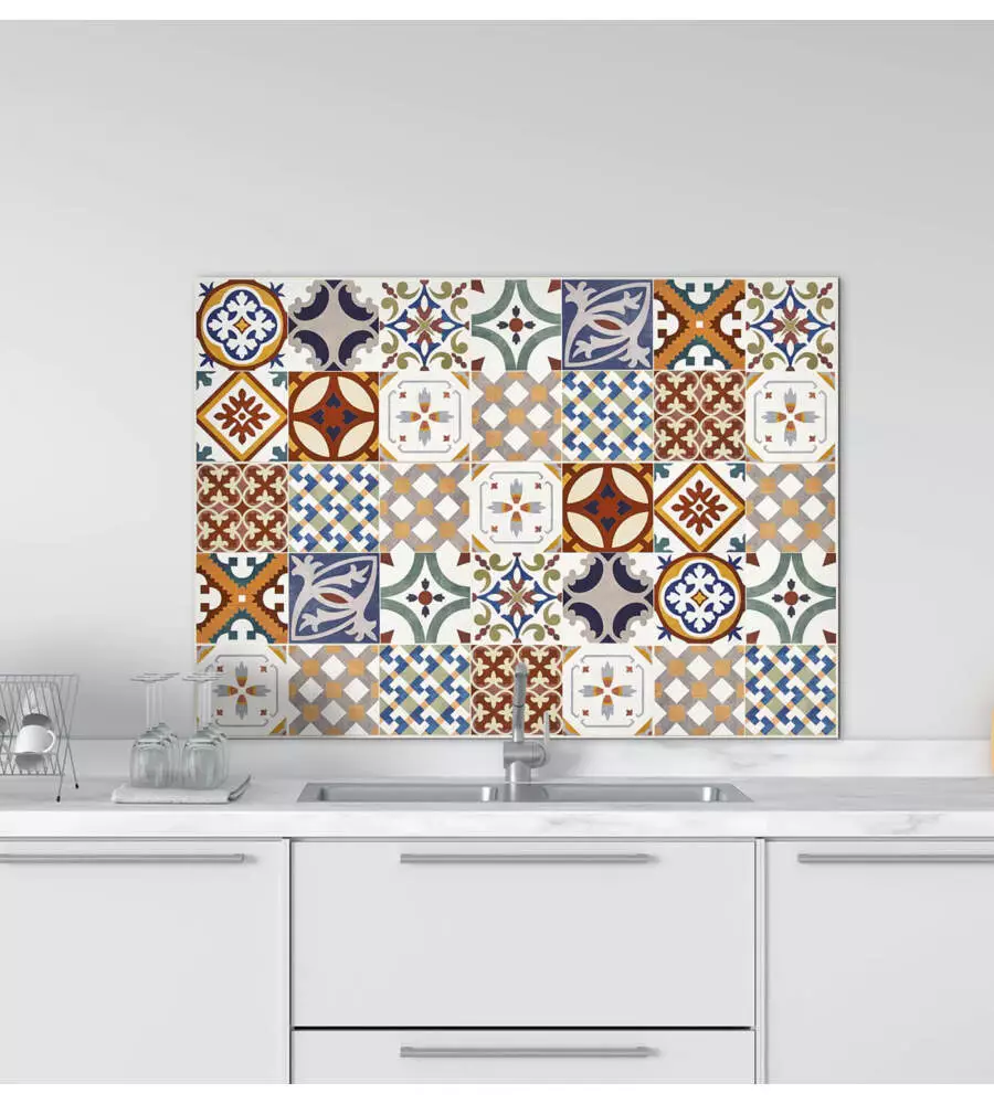 PARASCHIZZI DA CUCINA IN ALLUMINIO FANTASIA "RED AZULEJOS", 84X60 CM