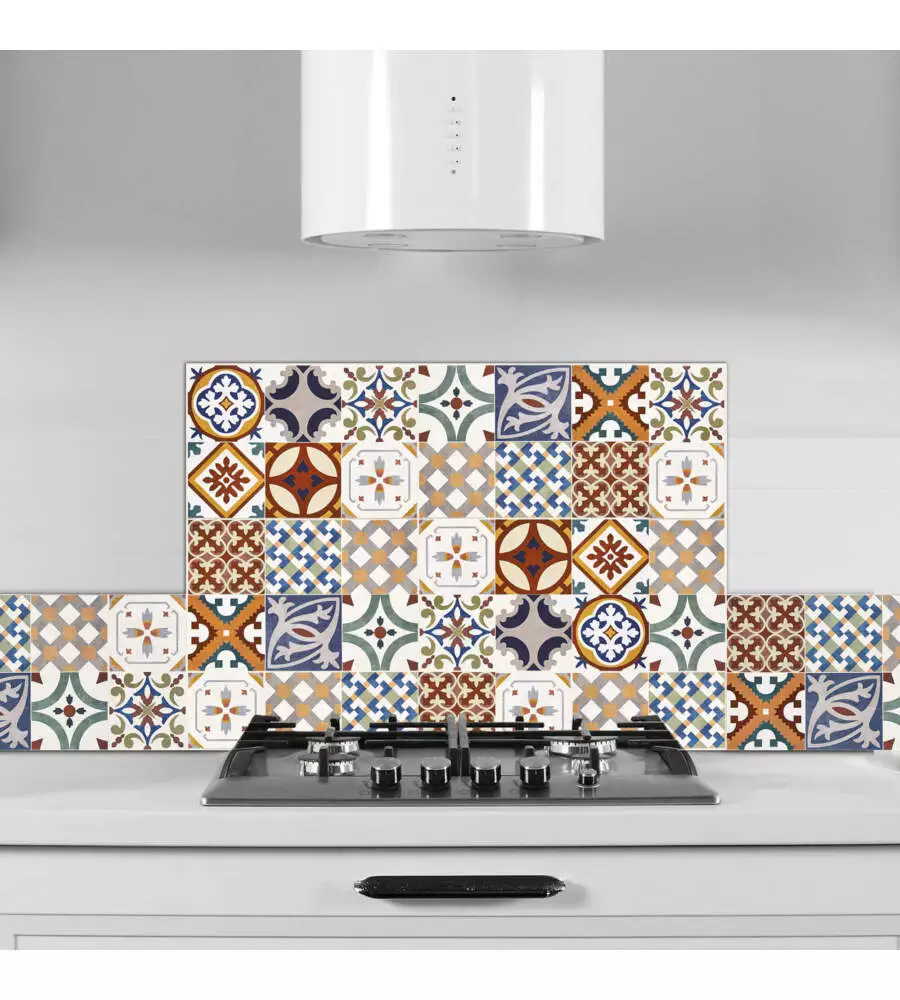PARASCHIZZI DA CUCINA IN ALLUMINIO FANTASIA "RED AZULEJOS", 84X60 CM