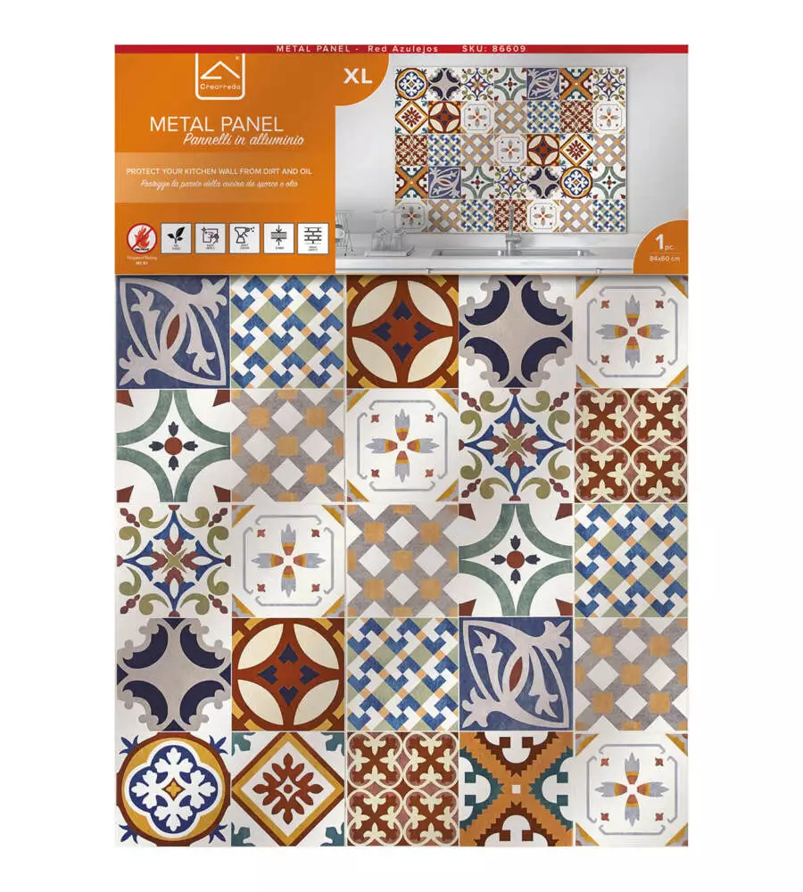 PARASCHIZZI DA CUCINA IN ALLUMINIO FANTASIA "RED AZULEJOS", 84X60 CM