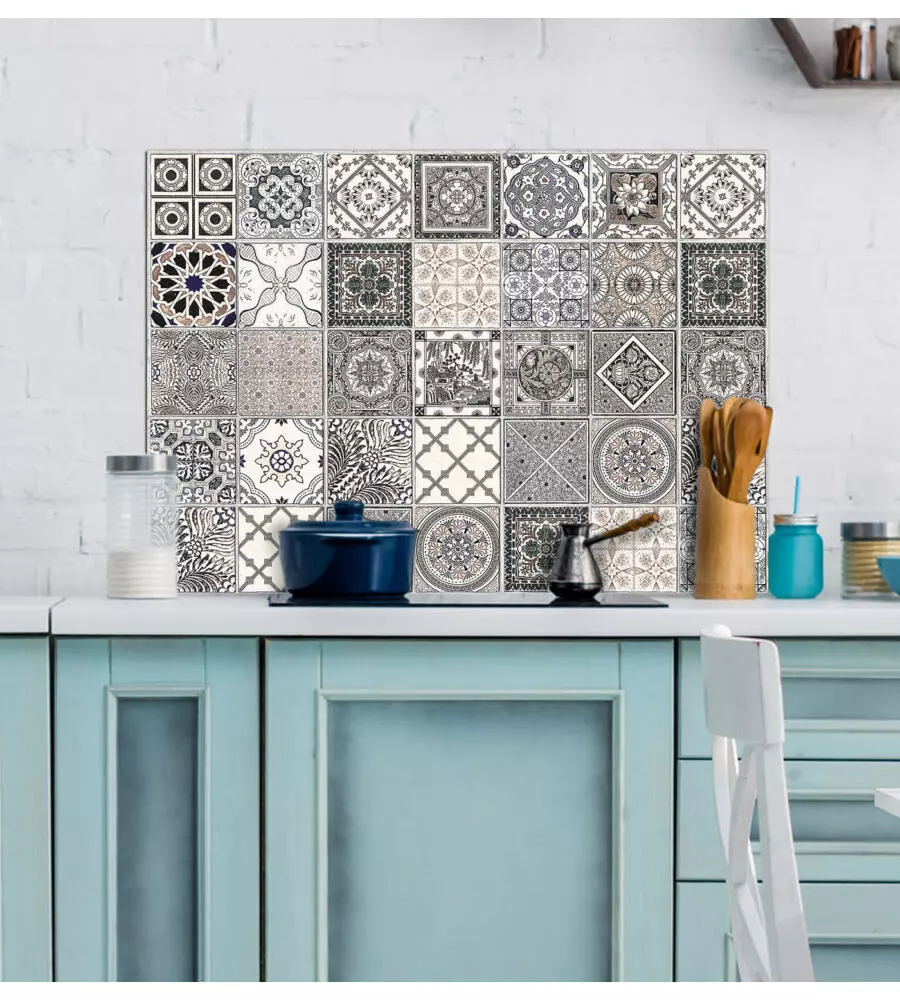 PARASCHIZZI DA CUCINA IN ALLUMINIO FANTASIA "GREY AZULEJOS", 84X60 CM