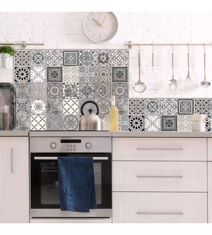 PARASCHIZZI DA CUCINA IN ALLUMINIO FANTASIA "GREY AZULEJOS", 84X60 CM
