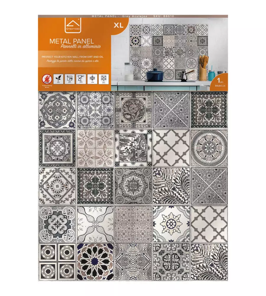 PARASCHIZZI DA CUCINA IN ALLUMINIO FANTASIA "GREY AZULEJOS", 84X60 CM