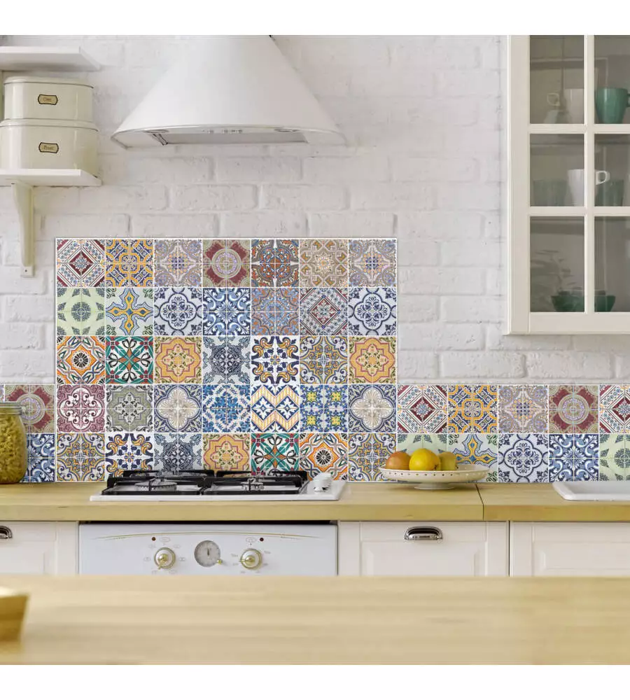 PARASCHIZZI DA CUCINA IN ALLUMINIO FANTASIA "AZULEJOS", 84X60 CM