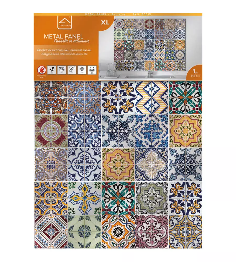 PARASCHIZZI DA CUCINA IN ALLUMINIO FANTASIA "AZULEJOS", 84X60 CM