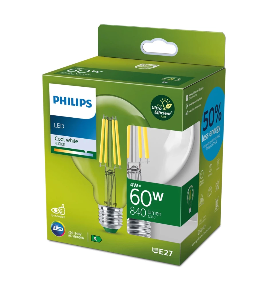 LAMPADINA A LED PHILIPS "GLOBO" TRASPARENTE LUCE NATURALE 60W 2700K, E27