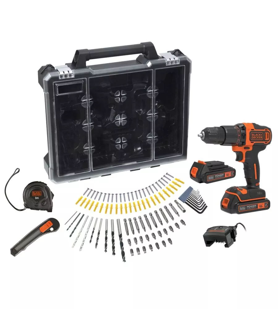 KIT VALIGETTA TRAPANO AVVITATORE A PERCUSSIONE A BATTERIA BLACK+DECKER "BCD700C2AMB-QW" 100 ACCESSORI E 2 BATTERIE 18V 1,5AH