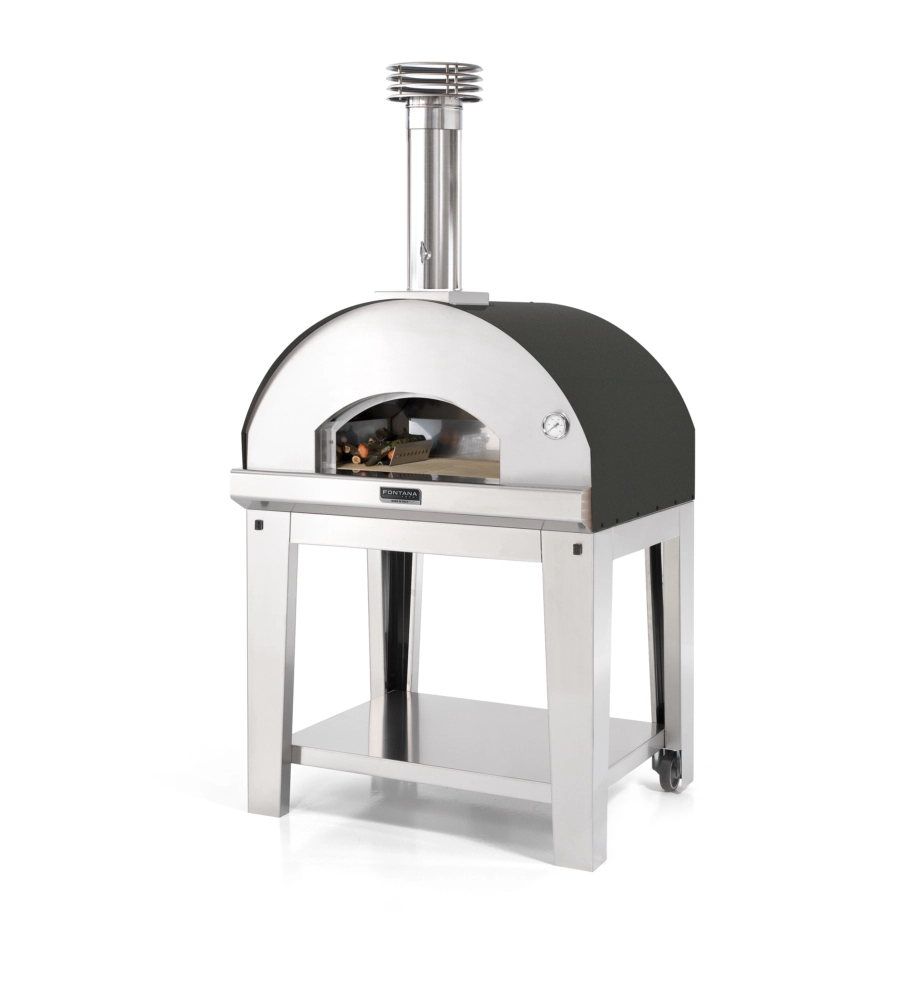 FORNO PIZZA A LEGNA CON CARRELLO FONTANA "MANGIAFUOCO" COLORE ANTRACITE 4 PIZZE