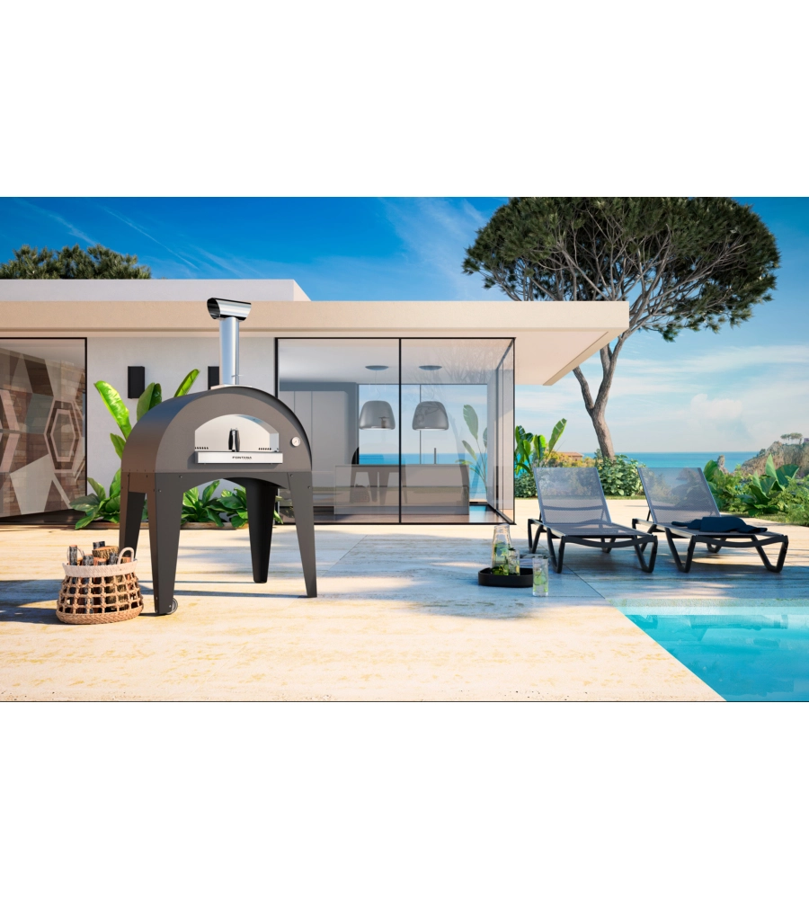 FORNO PIZZA A LEGNA CON CARRELLO FONTANA "AMALFI" COLORE ANTRACITE 3 PIZZE