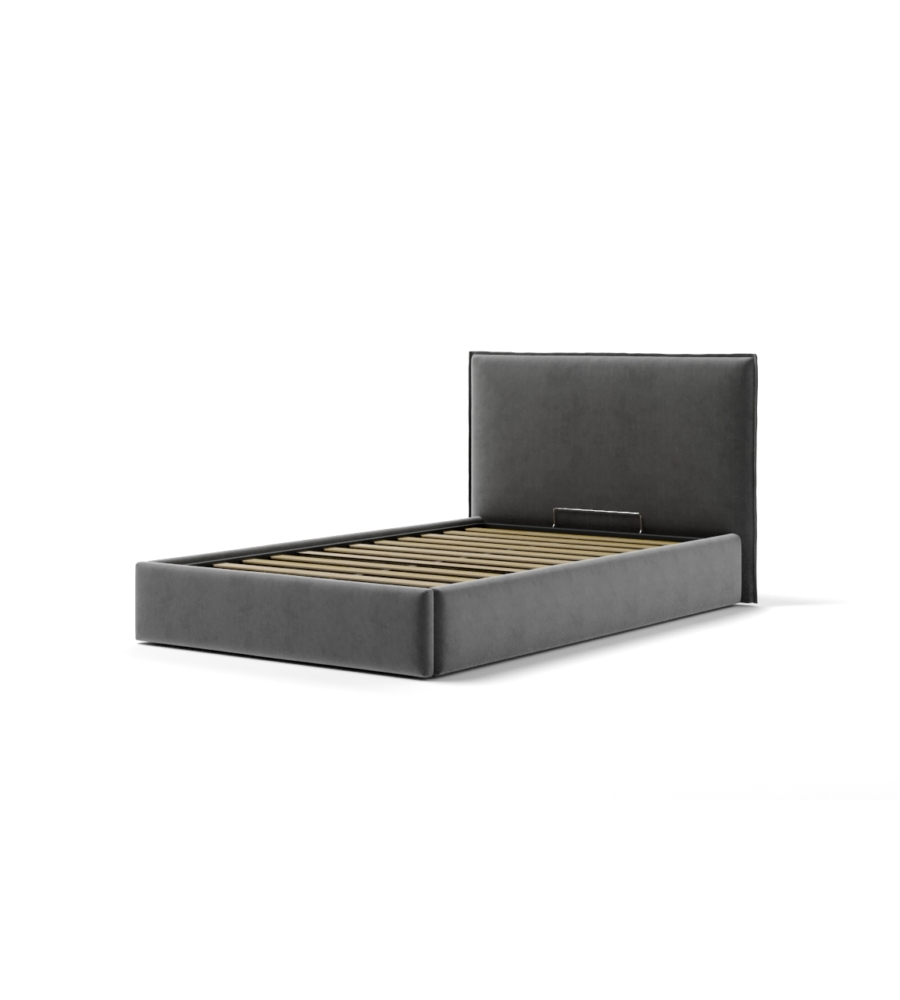 LETTO UNA PIAZZA E MEZZA "ZOOM" IN TESSUTO COLORE GRIGIO CON RETE E CONTENITORE, 120X190