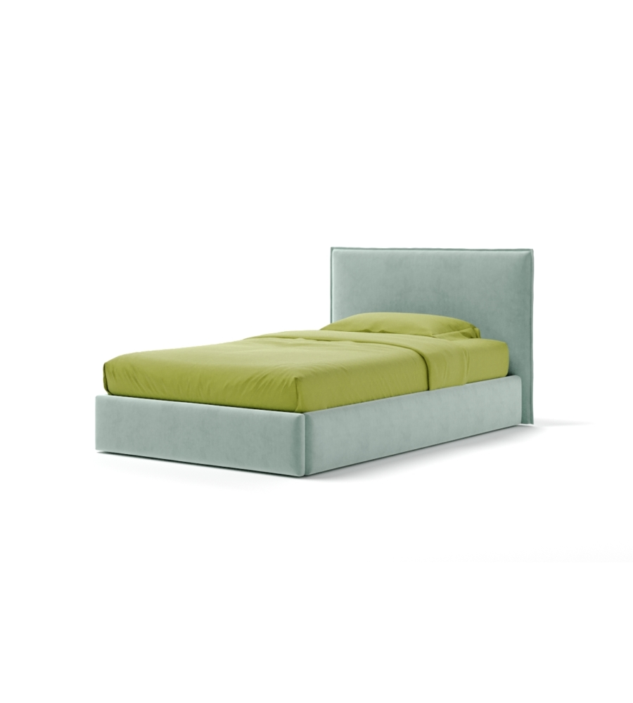 LETTO UNA PIAZZA E MEZZA "ZOOM" IN TESSUTO COLORE CELESTE CON RETE E CONTENITORE, 120X190