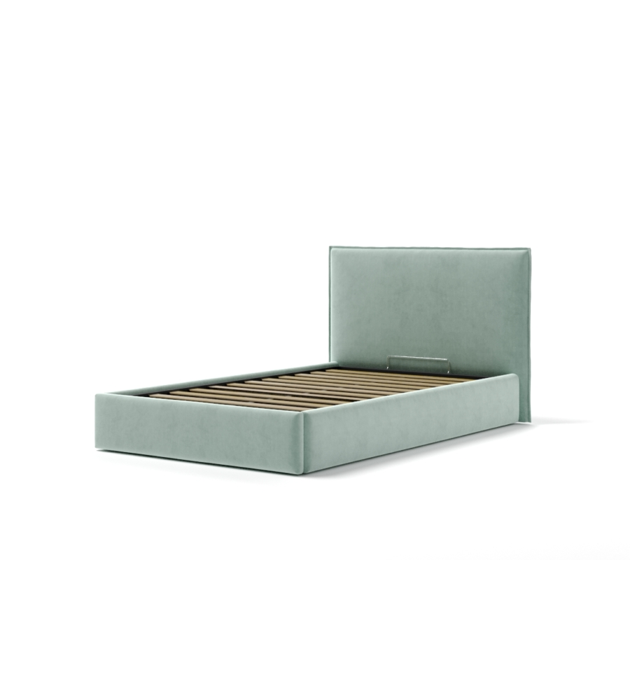 LETTO UNA PIAZZA E MEZZA "ZOOM" IN TESSUTO COLORE CELESTE CON RETE E CONTENITORE, 120X190