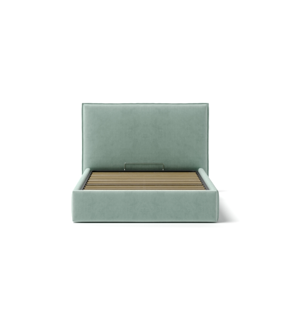 LETTO UNA PIAZZA E MEZZA "ZOOM" IN TESSUTO COLORE CELESTE CON RETE E CONTENITORE, 120X190
