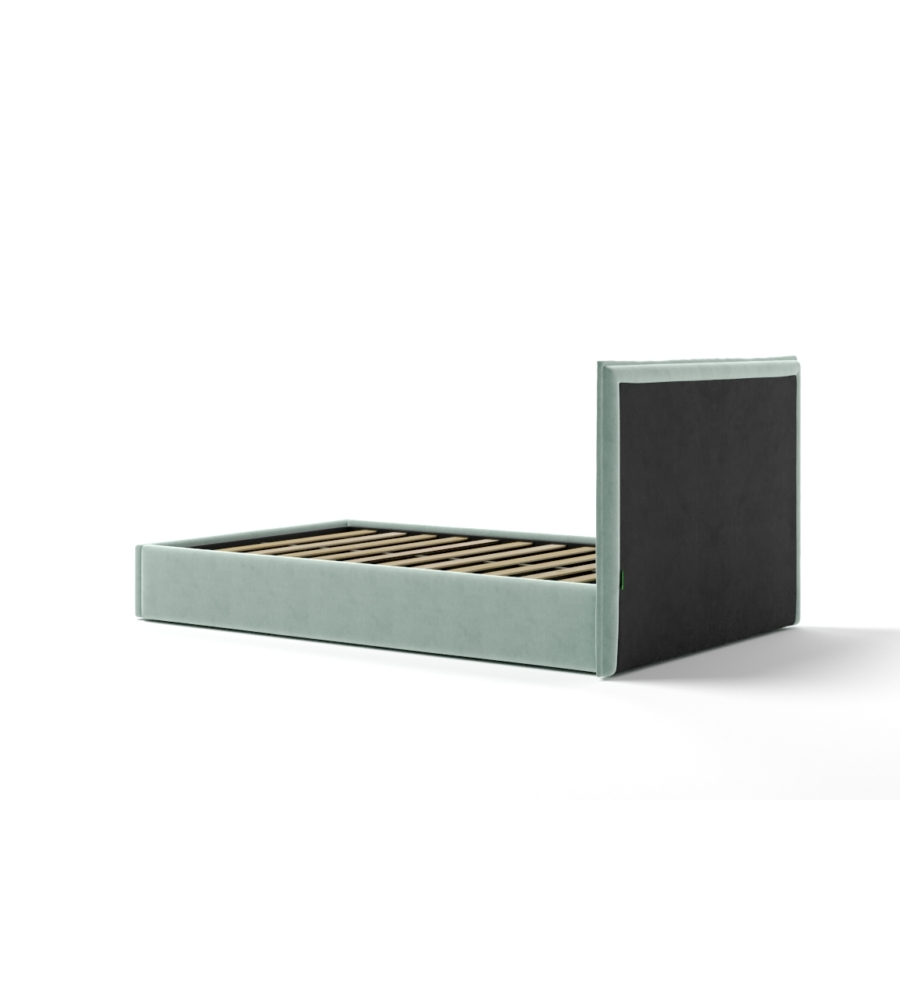 LETTO UNA PIAZZA E MEZZA "ZOOM" IN TESSUTO COLORE CELESTE CON RETE E CONTENITORE, 120X190