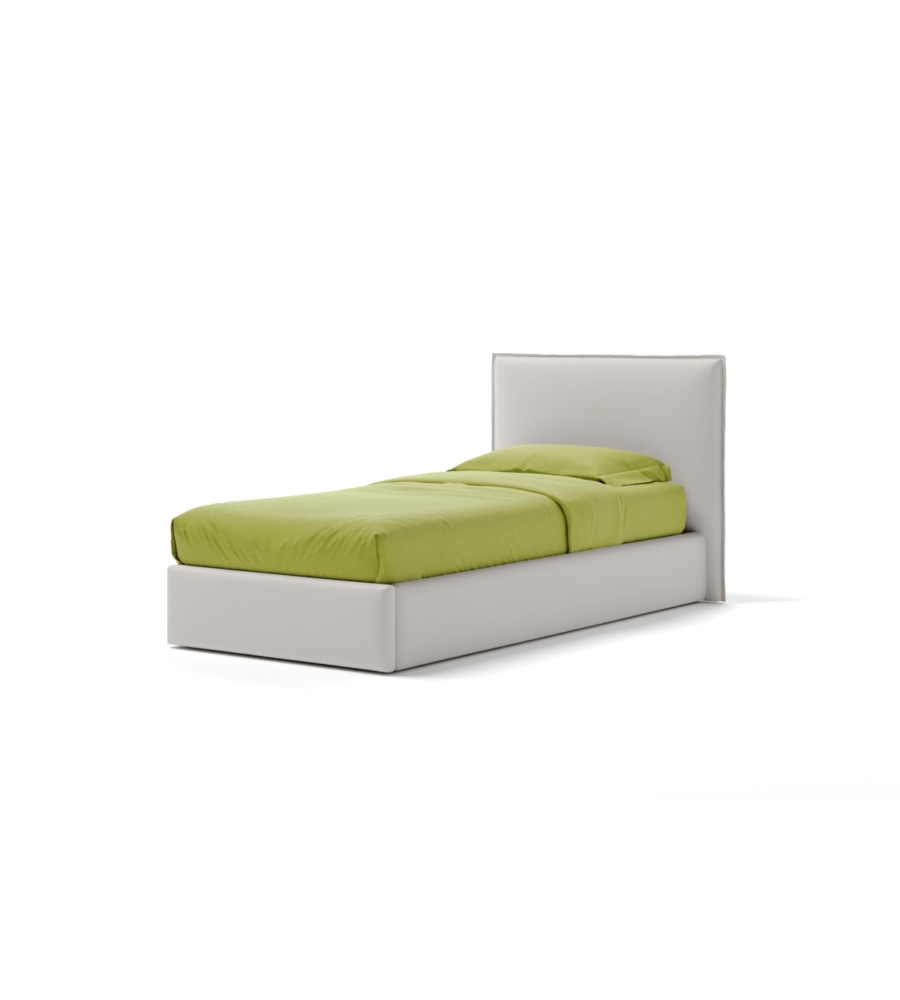 LETTO SINGOLO "ZOOM" IN ECOPELLE COLORE BIANCO CON RETE E CONTENITORE, 90X190 CM
