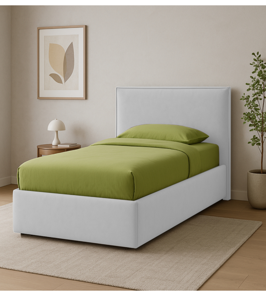 LETTO SINGOLO "ZOOM" IN ECOPELLE COLORE BIANCO CON RETE E CONTENITORE, 90X190 CM