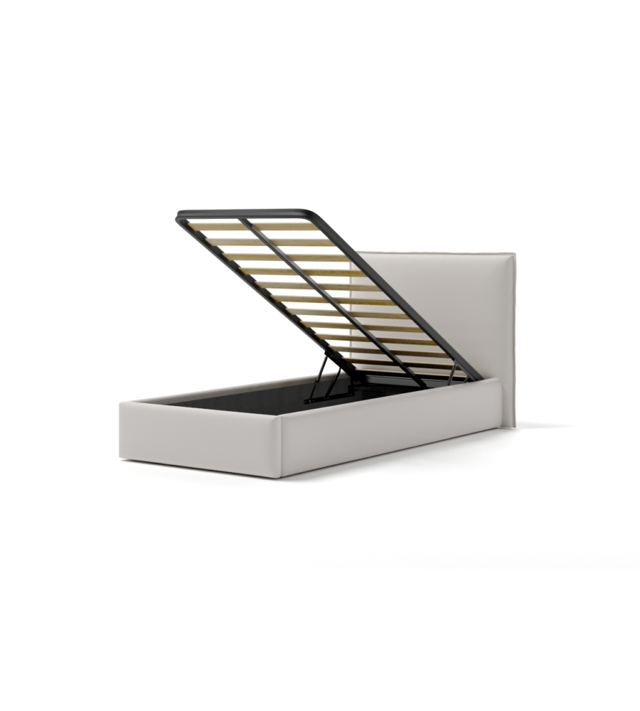 LETTO SINGOLO "ZOOM" IN ECOPELLE COLORE BIANCO CON RETE E CONTENITORE, 90X190 CM