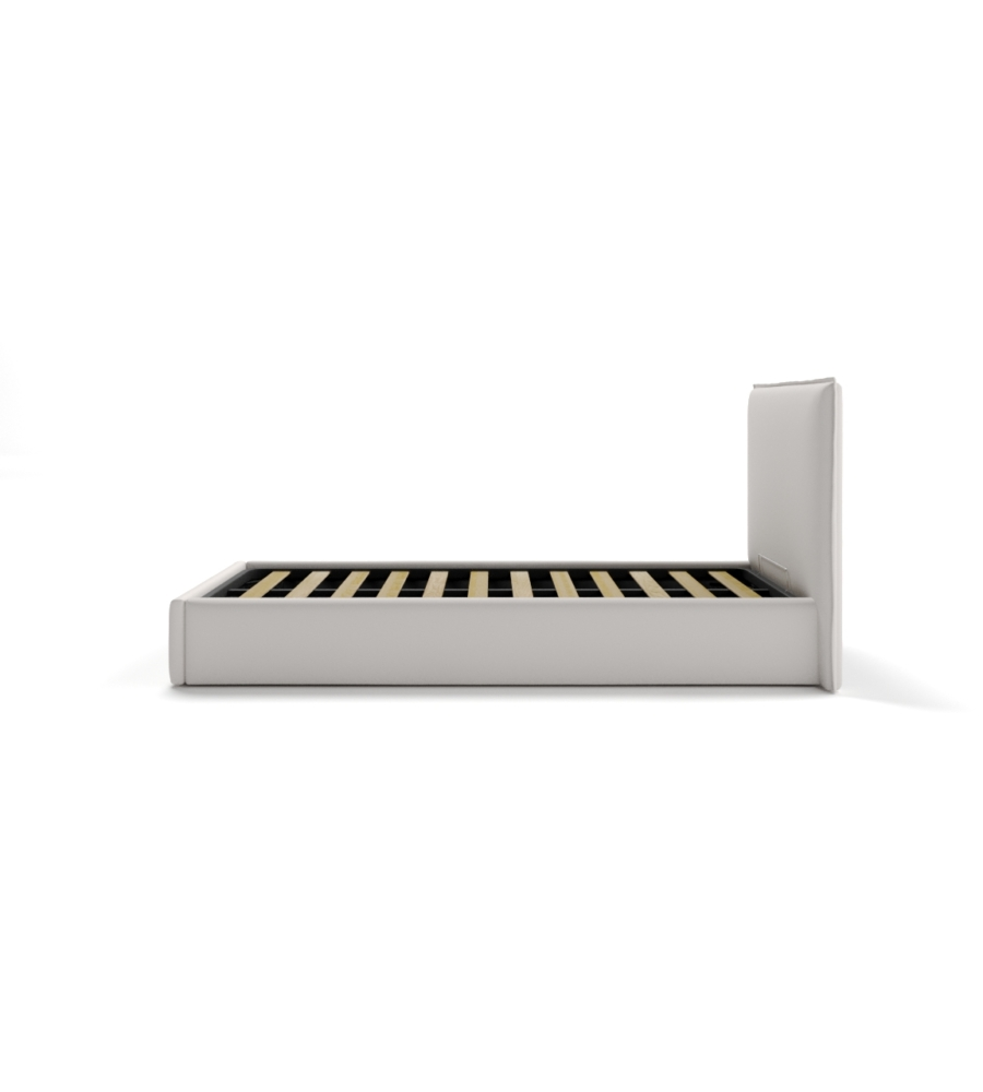 LETTO SINGOLO "ZOOM" IN ECOPELLE COLORE BIANCO CON RETE E CONTENITORE, 90X190 CM