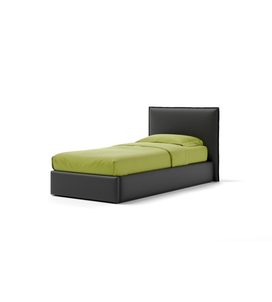 LETTO SINGOLO "ZOOM" IN ECOPELLE COLORE NERO CON RETE E CONTENITORE, 90X190 CM
