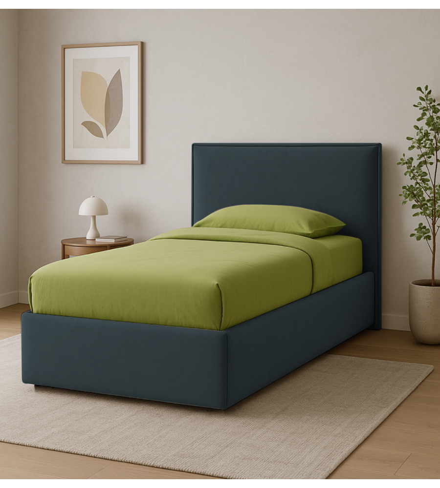 LETTO SINGOLO "ZOOM" IN ECOPELLE COLORE NERO CON RETE E CONTENITORE, 90X190 CM