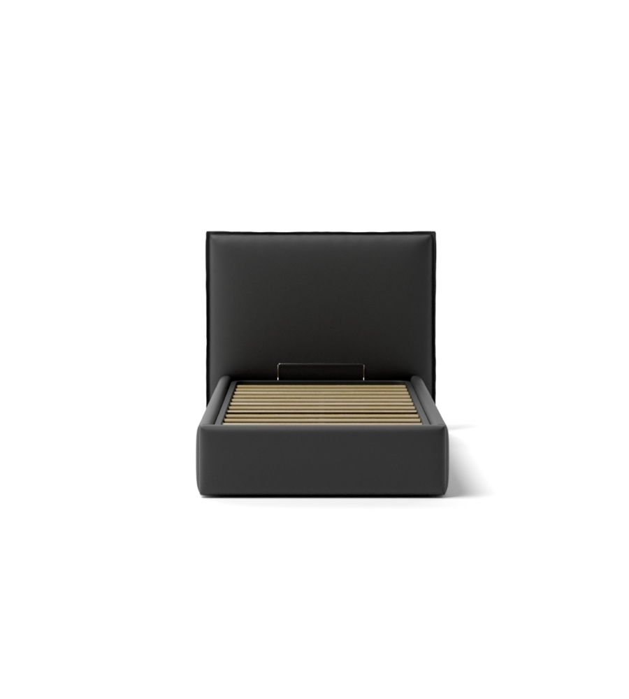 LETTO SINGOLO "ZOOM" IN ECOPELLE COLORE NERO CON RETE E CONTENITORE, 90X190 CM