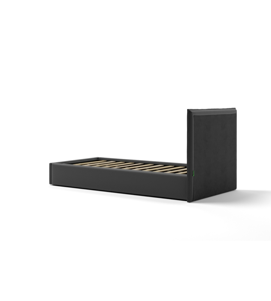 LETTO SINGOLO "ZOOM" IN ECOPELLE COLORE NERO CON RETE E CONTENITORE, 90X190 CM