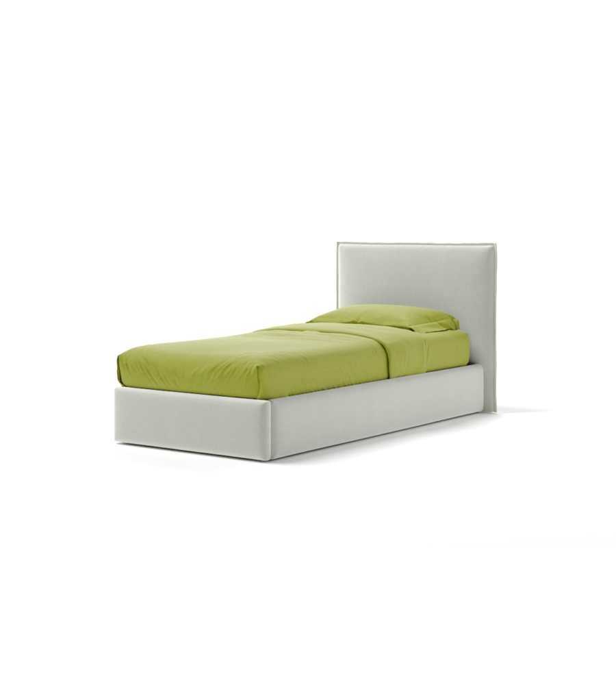 LETTO SINGOLO "ZOOM" IN TESSUTO COLORE BIANCO CON RETE E CONTENITORE, 90X190 CM