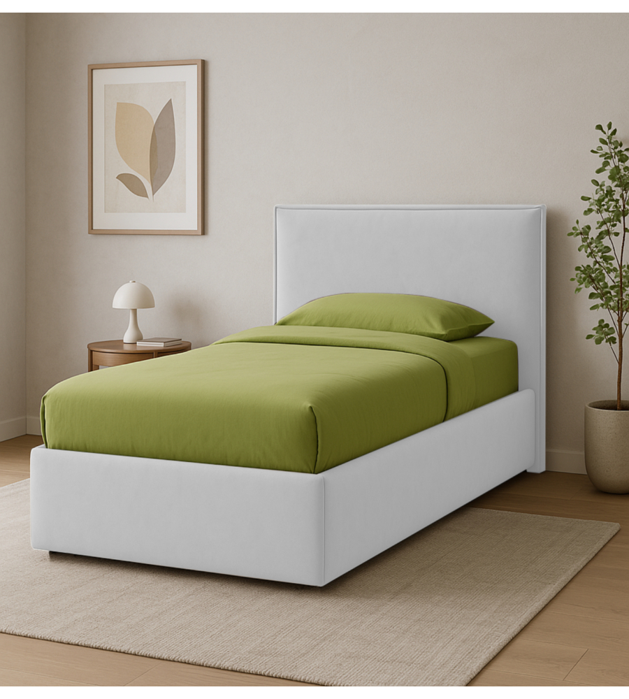 LETTO SINGOLO "ZOOM" IN TESSUTO COLORE BIANCO CON RETE E CONTENITORE, 90X190 CM