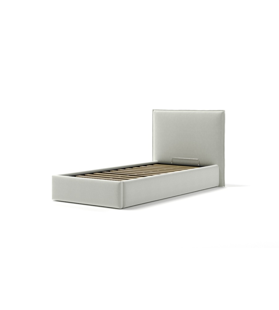 LETTO SINGOLO "ZOOM" IN TESSUTO COLORE BIANCO CON RETE E CONTENITORE, 90X190 CM