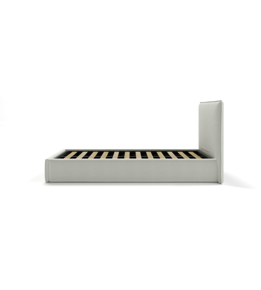 LETTO SINGOLO "ZOOM" IN TESSUTO COLORE BIANCO CON RETE E CONTENITORE, 90X190 CM