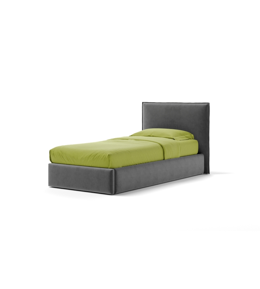 LETTO SINGOLO "ZOOM" IN TESSUTO COLORE GRIGIO CON RETE E CONTENITORE, 90X190 CM