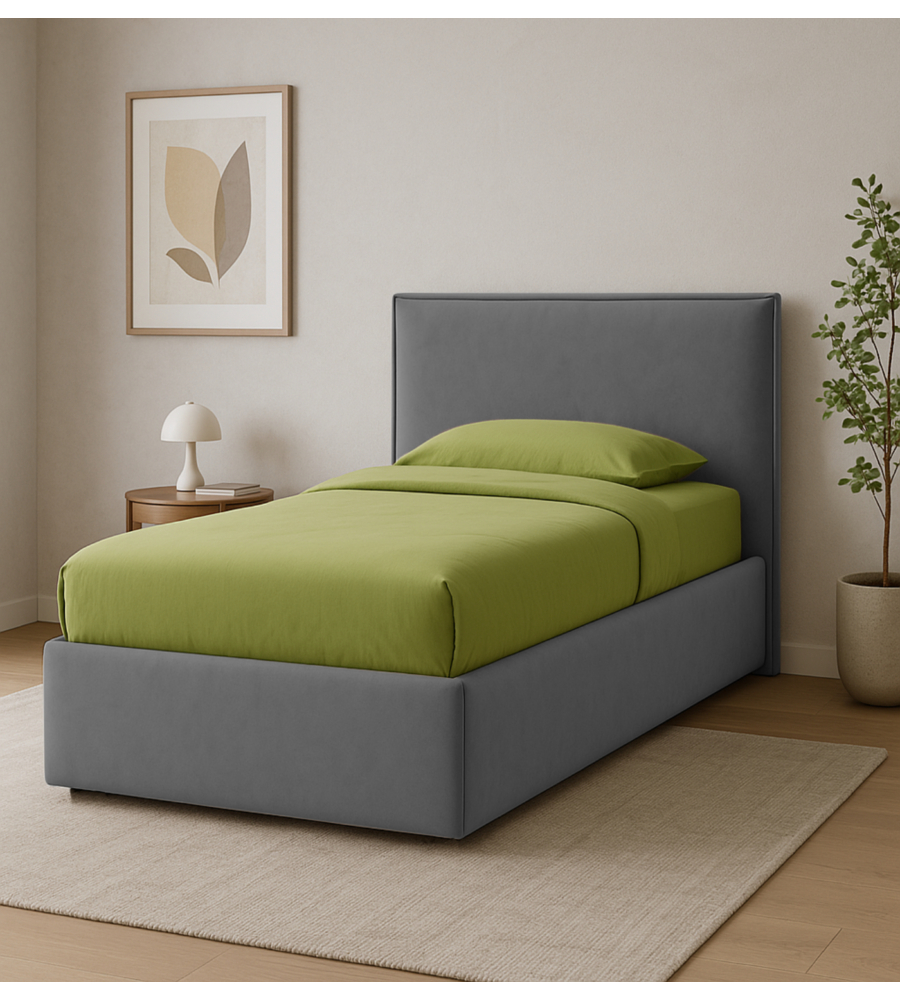LETTO SINGOLO "ZOOM" IN TESSUTO COLORE GRIGIO CON RETE E CONTENITORE, 90X190 CM