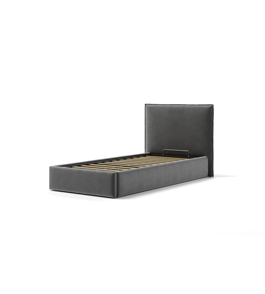LETTO SINGOLO "ZOOM" IN TESSUTO COLORE GRIGIO CON RETE E CONTENITORE, 90X190 CM