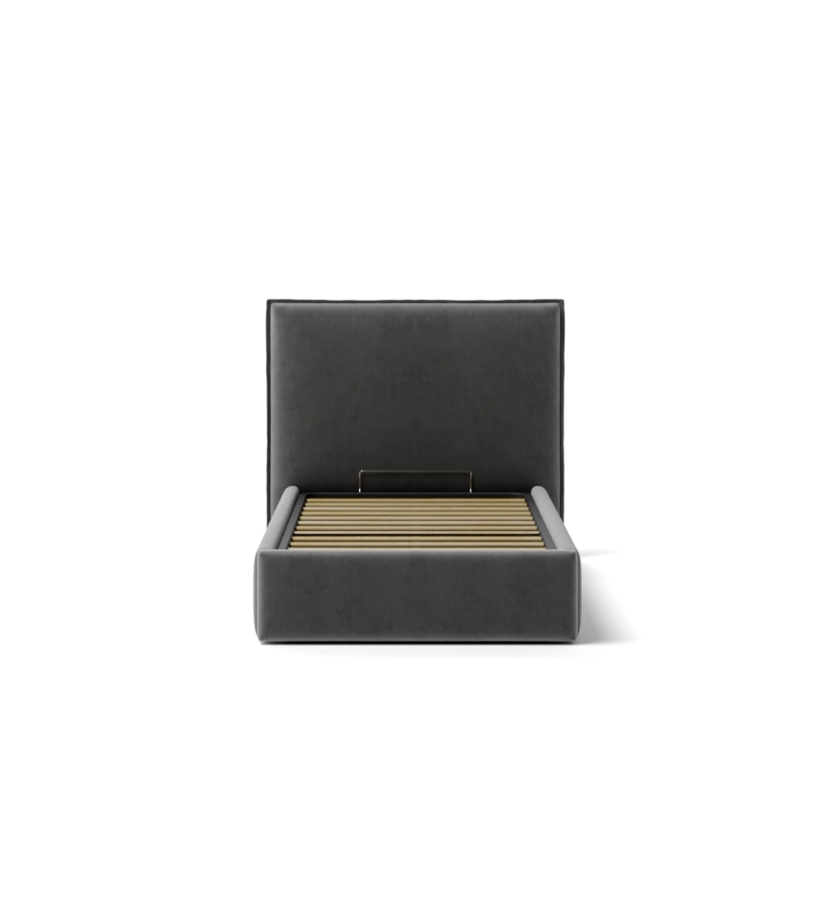 LETTO SINGOLO "ZOOM" IN TESSUTO COLORE GRIGIO CON RETE E CONTENITORE, 90X190 CM