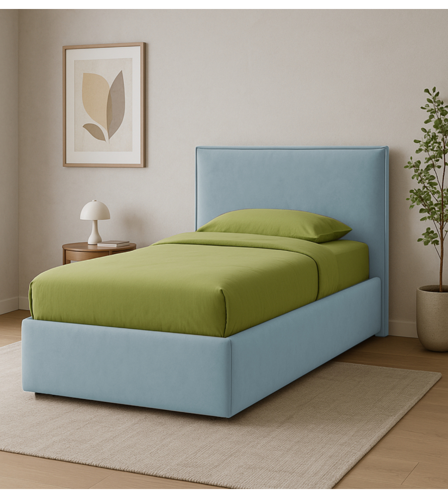 LETTO SINGOLO "ZOOM" IN TESSUTO COLORE CELESTE CON RETE E CONTENITORE, 90X190 CM