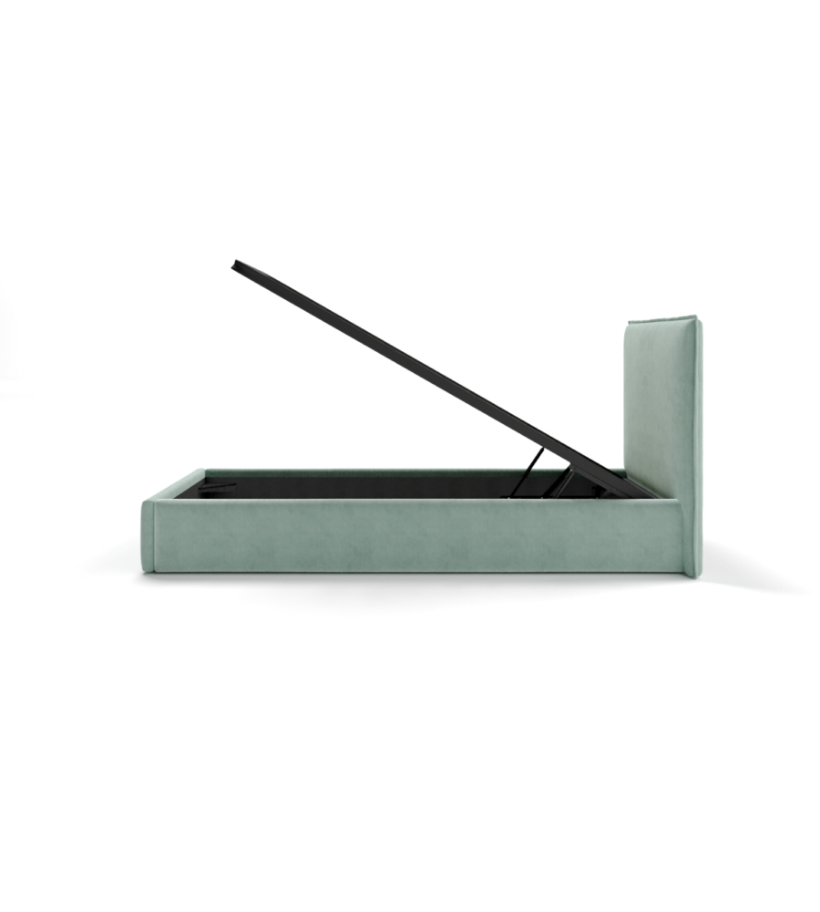 LETTO SINGOLO "ZOOM" IN TESSUTO COLORE CELESTE CON RETE E CONTENITORE, 90X190 CM