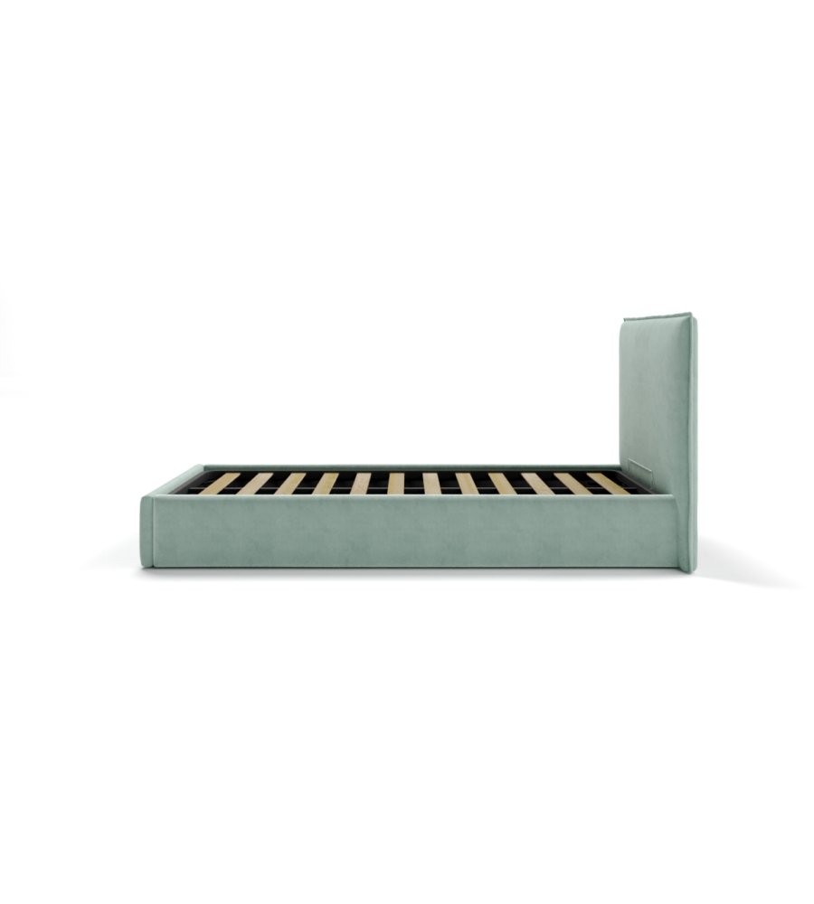 LETTO SINGOLO "ZOOM" IN TESSUTO COLORE CELESTE CON RETE E CONTENITORE, 90X190 CM