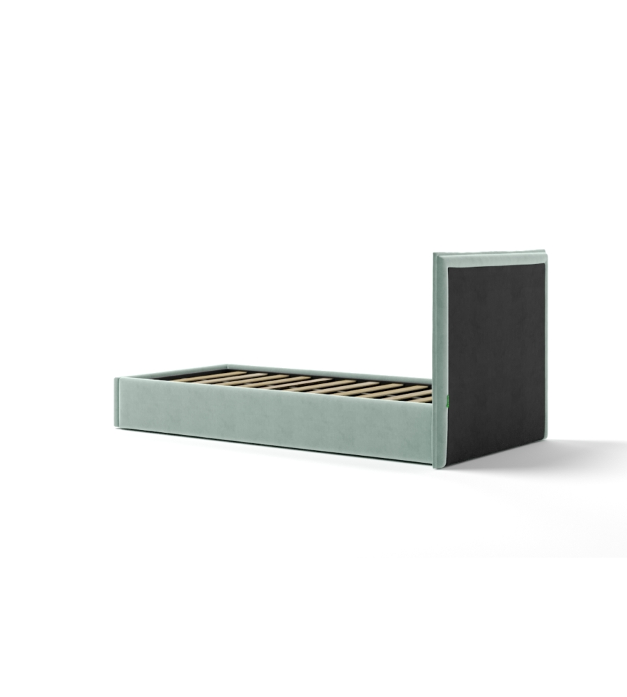LETTO SINGOLO "ZOOM" IN TESSUTO COLORE CELESTE CON RETE E CONTENITORE, 90X190 CM