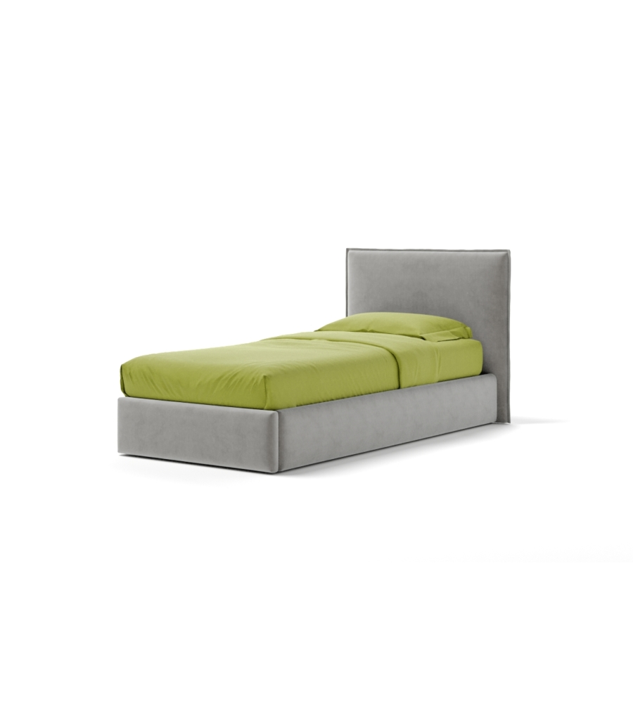 LETTO SINGOLO "ZOOM" IN TESSUTO COLORE PERLA CON RETE E CONTENITORE, 90X190 CM
