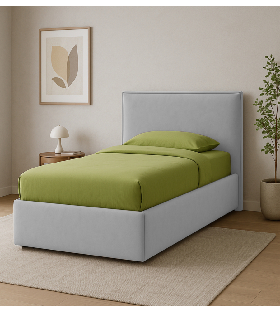 LETTO SINGOLO "ZOOM" IN TESSUTO COLORE PERLA CON RETE E CONTENITORE, 90X190 CM