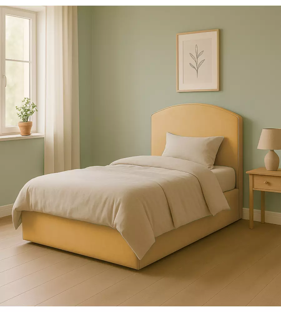 Letto una piazza e mezza con contenitore "Moon" in tessuto arancione 120x190 cm